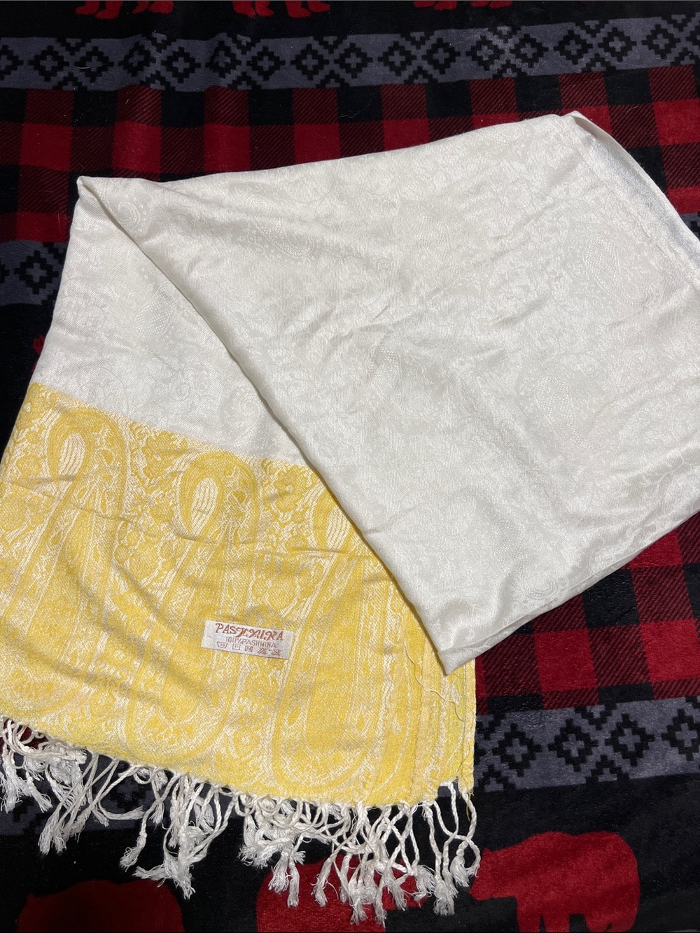 pashmina White and Yellow Paisley Pashmina Shawl with Fringe